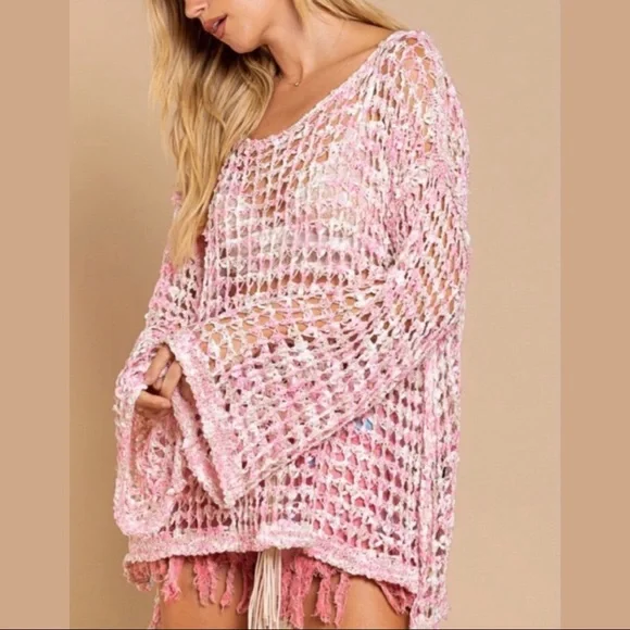 POL Pink Cream Fishnet Sweater Loose Knit Fishnet Tunic Sweater - Picture 13 of 14